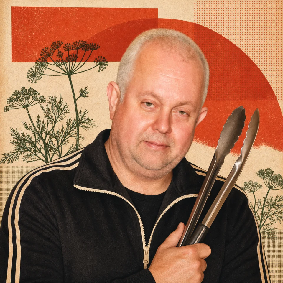 Editorial portrait of Sergey Shkrebtan in a logo-free black retro tracksuit holding barbecue tongs