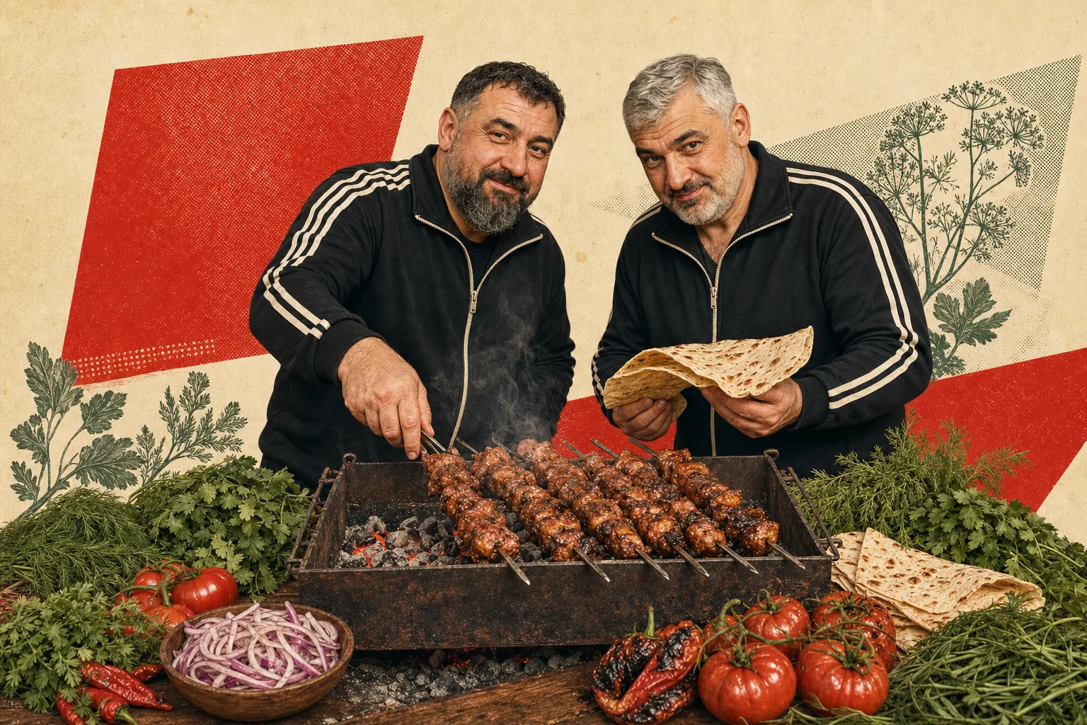 Temporary editorial stand-ins for Vlad and Sergey: exactly two friendly middle-aged dads in logo-free black retro tracksuits cooking shashlik over a charcoal mangal